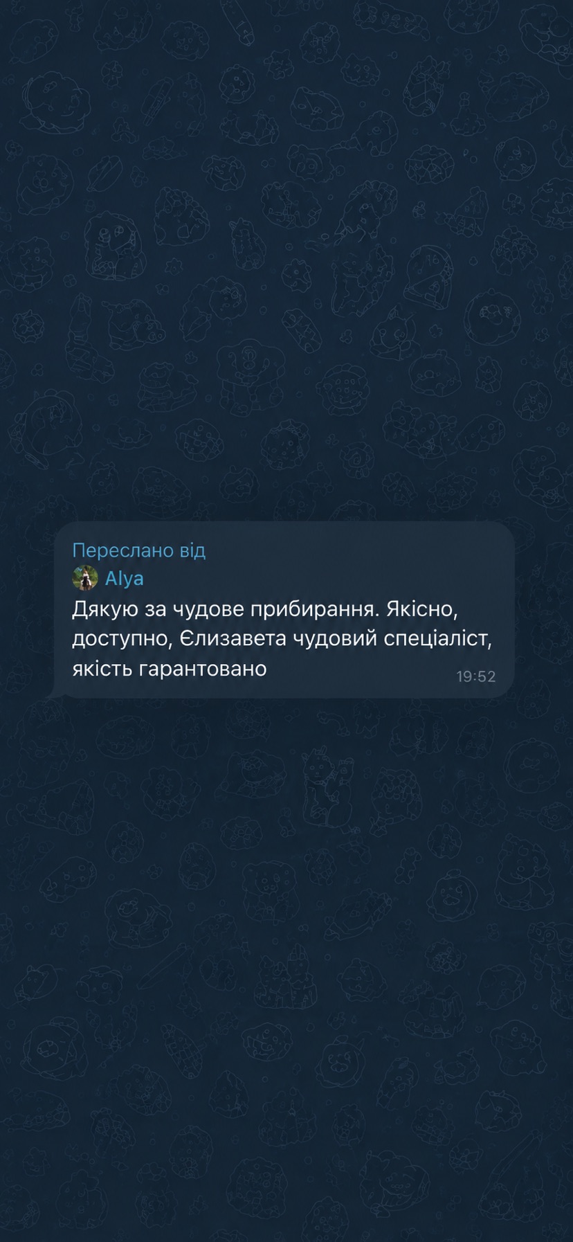 Відгук у Telegram від Alya: «Дякую за чудове прибирання. Якісно, доступно, Єлизавета чудовий спеціаліст, якість гарантовано.»
